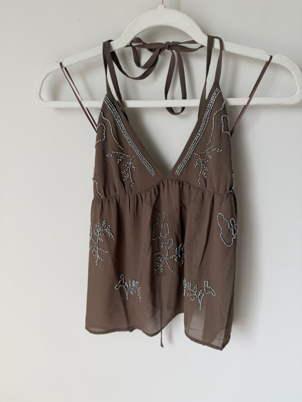 Viral Sincerely Jules Brown Beaded Sheer open back Halter Top